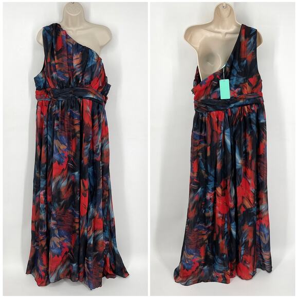 Toleen NEW One Shoulder Chiffon Maxi Dress Sz 2XL Red Blue Black Lined Plus Size - Picture 1 of 11
